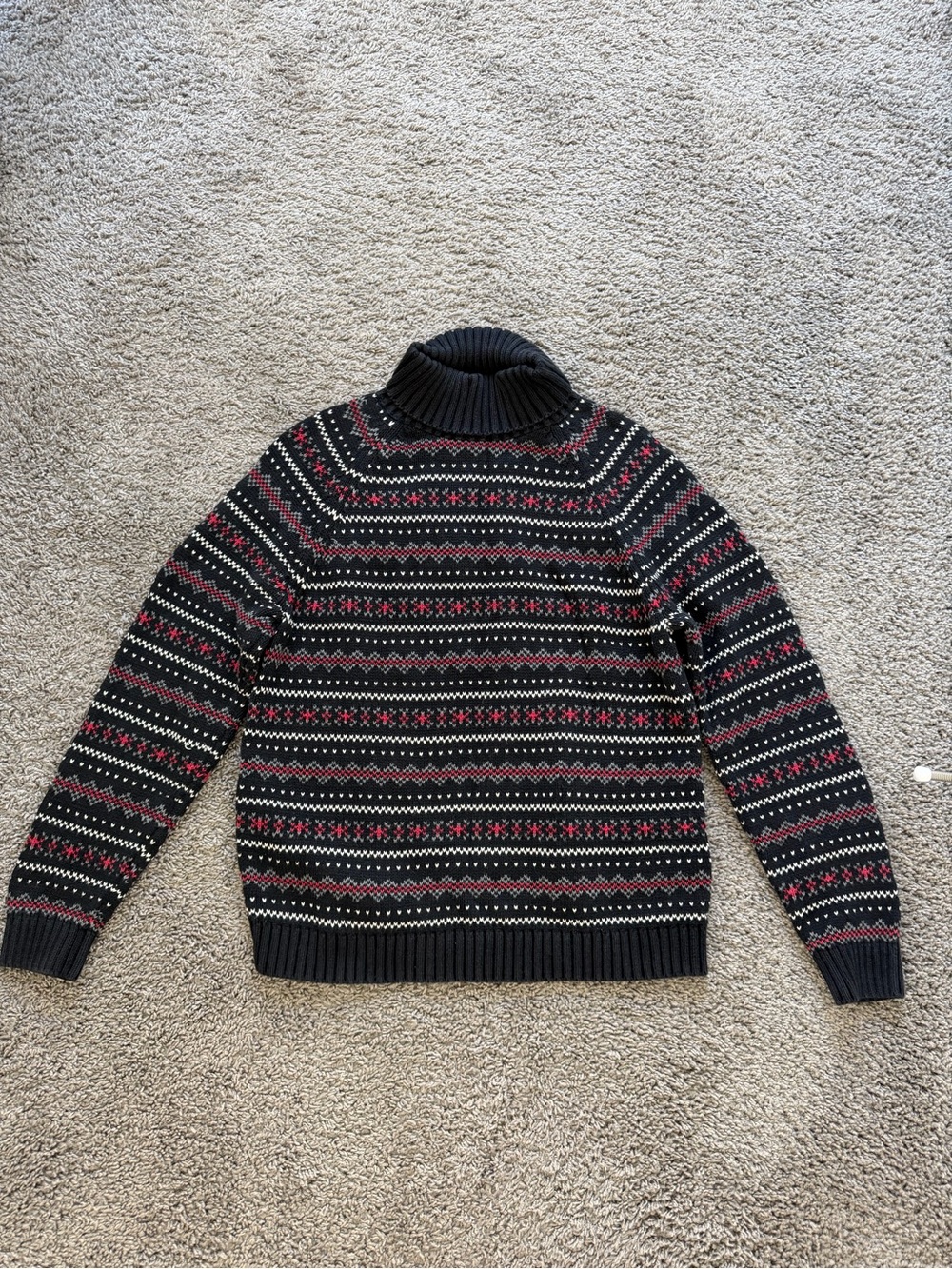 Lands' End Black Turtleneck Sweater with Red & White Fair Isle